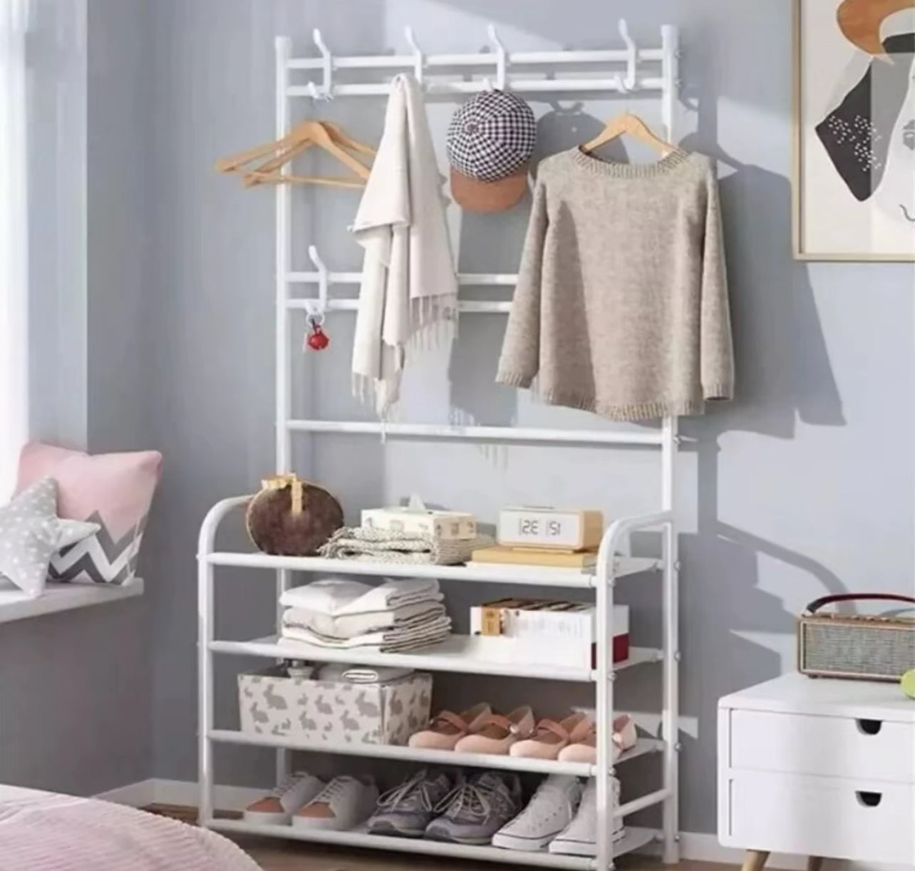 Appendiabiti con Scarpiera 60×26×170 cm – Guardaroba Salvaspazio con 4 Ripiani e 9 Ganci, Struttura in Metallo, Stand Porta Giacche e Scarpe per Ingresso, Corridoio, Camera da Letto - BDIT ACCESSORI