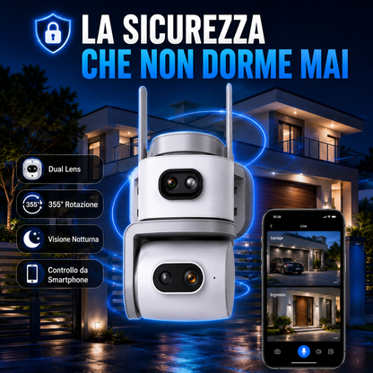 Telecamera WiFi Esterno Dual Lens, Telecamera di Sorveglianza 355° PTZ con Visione Notturna a Colori, Rilevamento Movimento, Audio Bidirezionale, WiFi 2.4 GHz, Controllo da App per Casa, Garage e Negozio