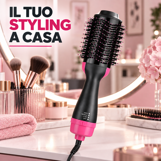 BDIT Accessori Spazzola ad Aria Calda per Capelli, Spazzola Asciugacapelli e Styler One Step, Testa Ovale con Setole, Impugnatura Ergonomica e Livelli Regolabili, Nero e Rosa