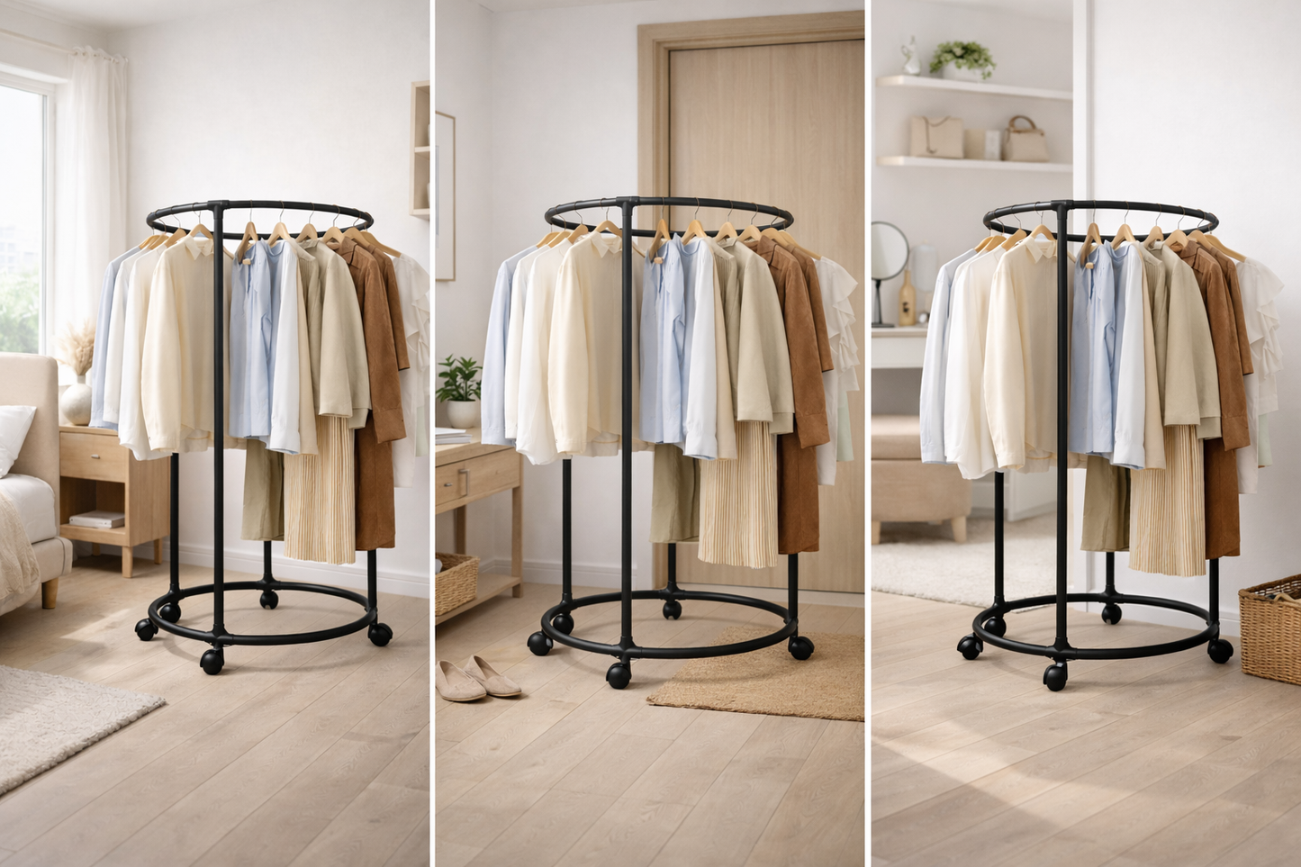 Appendiabiti Circolare con Ruote nero 130 cm – Stand Porta Abiti Rotondo in Metallo, Attaccapanni Mobile per Camera da Letto, Guardaroba Aperto Salvaspazio per Casa, Negozio, Boutique