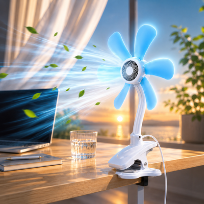 Ventilatore a Clip con 6 Pale – Ventola Silenziosa con Collo Flessibile e Clip Antiscivolo – Mini Ventilatore da Scrivania per Casa, Ufficio e Camera da Letto