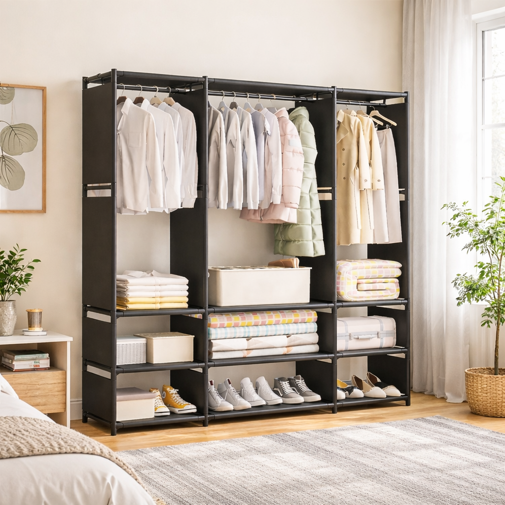 Armadio Aperto Portabiti in Metallo 130x36x170 cm – Guardaroba Salvaspazio con Ripiani e Porta Scarpe – Organizer Vestiti per Camera da Letto, Appartamento, Affitto Nero