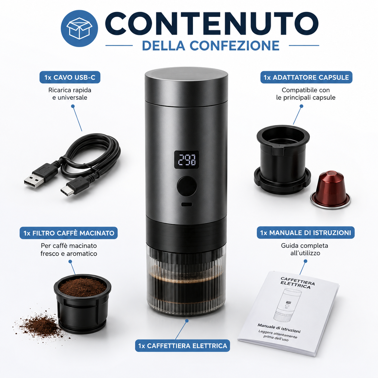 Caffettiera Elettrica Portatile Wireless con Display Digitale, Compatibile con Capsule e Caffè Macinato, Macchina da Caffè Espresso Ricaricabile USB-C, One Click, Ideale per Viaggi, Auto, Ufficio e Campeggio