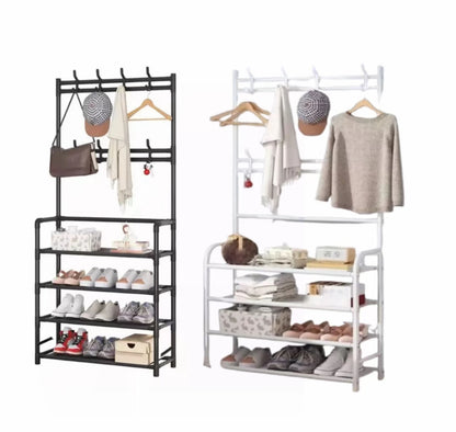 Appendiabiti con Scarpiera 60×26×170 cm – Guardaroba Salvaspazio con 4 Ripiani e 9 Ganci, Struttura in Metallo, Stand Porta Giacche e Scarpe per Ingresso, Corridoio, Camera da Letto - BDIT ACCESSORI