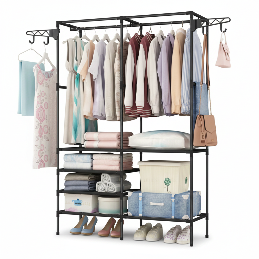 Scaffale Appendiabiti Multifunzionale in Metallo 108x36x170 cm – Armadio Aperto con Doppia Barra, Ripiani Portaoggetti, Ganci Laterali e Porta Scarpe – Organizer Salvaspazio per Camera, Ingresso, Cabina Armadio