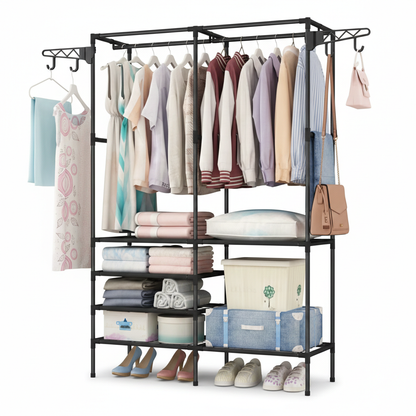 Scaffale Appendiabiti Multifunzionale in Metallo 108x36x170 cm – Armadio Aperto con Doppia Barra, Ripiani Portaoggetti, Ganci Laterali e Porta Scarpe – Organizer Salvaspazio per Camera, Ingresso, Cabina Armadio