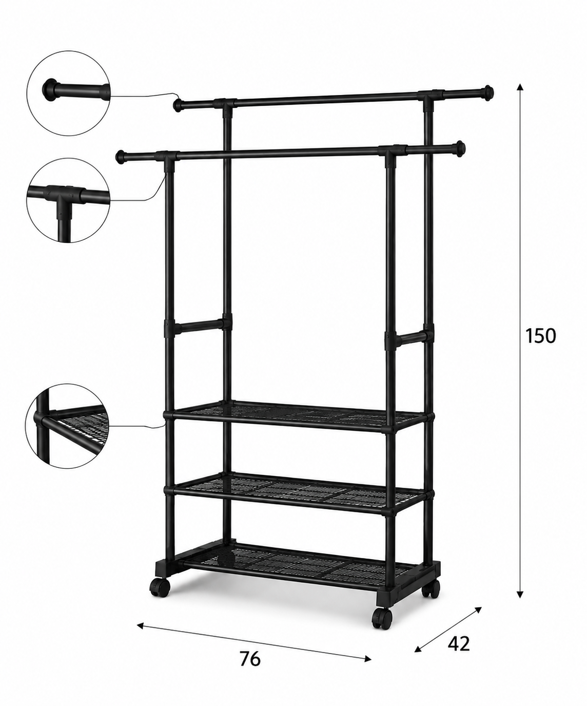 Appendiabiti da Terra con Ruote e Ripiani – Stand Appendiabiti Doppio Bastone in Acciaio Nero – Attaccapanni Salvaspazio per Camera, Ingresso e Cabina Armadio – 42x76x150 cm