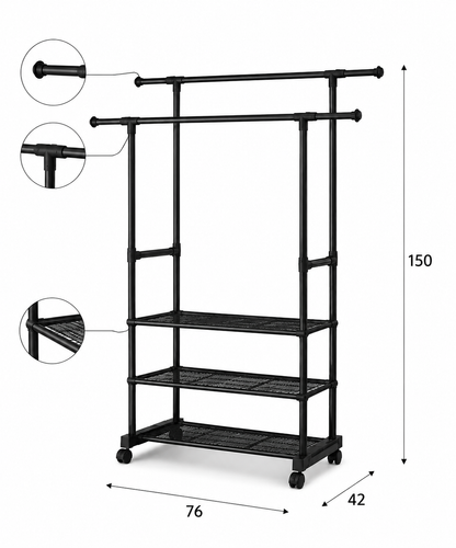 Appendiabiti da Terra con Ruote e Ripiani – Stand Appendiabiti Doppio Bastone in Acciaio Nero – Attaccapanni Salvaspazio per Camera, Ingresso e Cabina Armadio – 42x76x150 cm