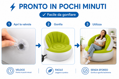 Divano Gonfiabile Singolo, Poltrona Gonfiabile Ø 85 x 74 cm, Poltrona Ergonomica in PVC Resistente, Facile da Gonfiare e Sgonfiare, Leggera e Portatile, per Soggiorno, Camera, Giardino e Campeggio