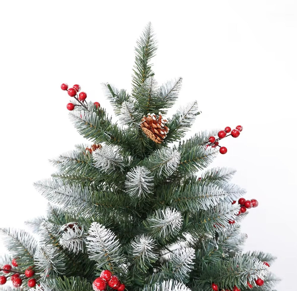 Albero di Natale Artificiale Flocked 120cm, Effetto Neve, Pigne e Bacche Rosse, Base Inclusa