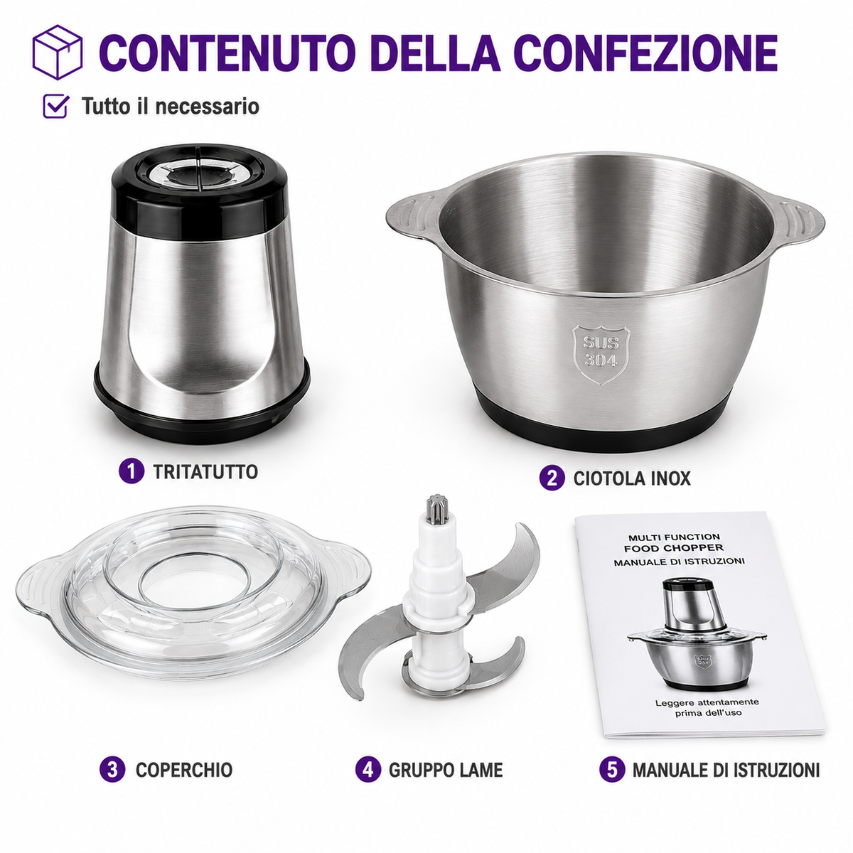 BDIT ACCESSORI Tritatutto Elettrico 2L con Ciotola in Acciaio Inox, Tritacarne Multiuso con Lame in Acciaio Inox per Carne, Verdure, Cipolle, Frutta, Frutta Secca ed Erbe Aromatiche
