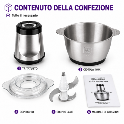 BDIT ACCESSORI Tritatutto Elettrico 2L con Ciotola in Acciaio Inox, Tritacarne Multiuso con Lame in Acciaio Inox per Carne, Verdure, Cipolle, Frutta, Frutta Secca ed Erbe Aromatiche