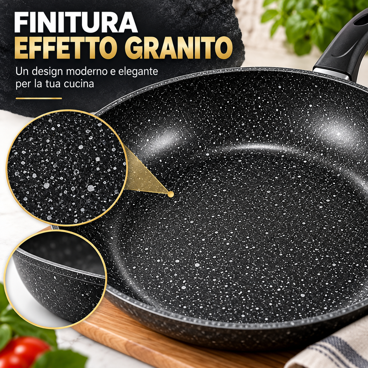 BDIT Accessori Set Pentole e Padelle 9 Pezzi Effetto Granito, Batteria da Cucina con Coperchi in Vetro, Padelle 22/25/30 cm, Casseruole 20/24 cm e Pentolino 14 cm, Nero Grigio