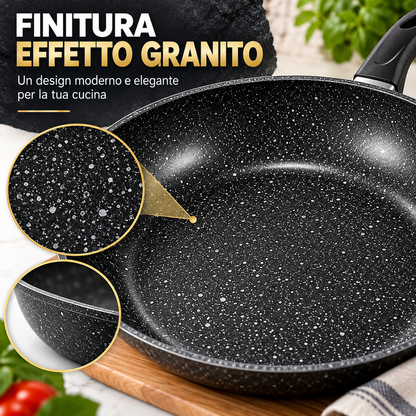 BDIT Accessori Set Pentole e Padelle 9 Pezzi Effetto Granito, Batteria da Cucina con Coperchi in Vetro, Padelle 22/25/30 cm, Casseruole 20/24 cm e Pentolino 14 cm, Nero Grigio