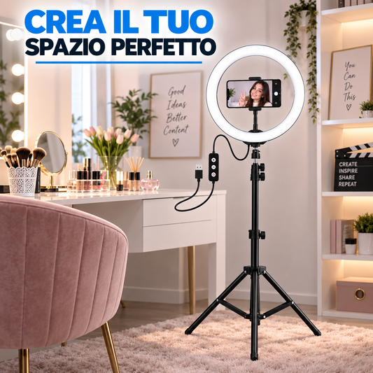 BDIT Accessori Ring Light con Treppiede Regolabile e Supporto Smartphone, Luce ad Anello LED con Comando sul Cavo, Supporto per Telefono per Foto, Video, Makeup, Streaming e Videochiamate