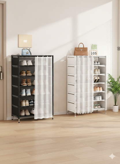 Scarpiera 7 Ripiani con Tenda – Colore Bianco – Struttura in Metallo e Ripiani in Stoffa – Organizer Salvaspazio 58x26x110 cm per Ingresso, Camera e Ripostiglio