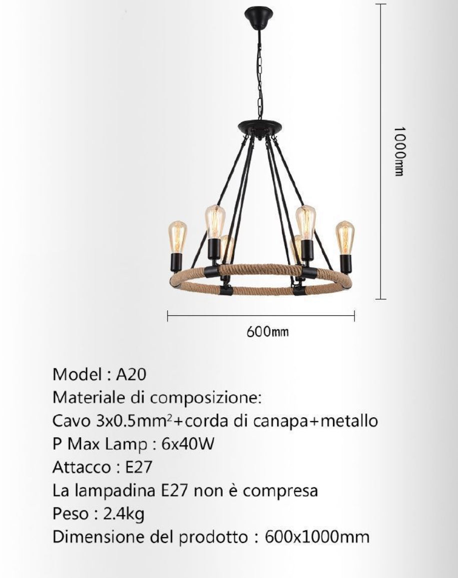 Lampadario Retrò in Corda di Canapa – 6 Luci E27 – Ø60cm Altezza 100cm – Lampada Sospesa per Soggiorno Sala da Pranzo Bar Ristorante – Modello A20 - BDIT ACCESSORI