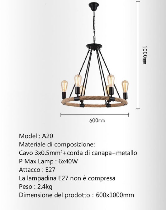 Lampadario Retrò in Corda di Canapa – 6 Luci E27 – Ø60cm Altezza 100cm – Lampada Sospesa per Soggiorno Sala da Pranzo Bar Ristorante – Modello A20 - BDIT ACCESSORI
