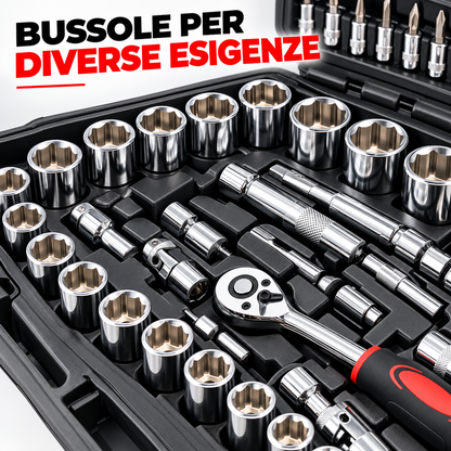 BDIT Accessori Set Chiavi a Bussola con Cricchetti, Valigetta Portautensili Completa con Bussole, Inserti, Prolunghe e Accessori, Kit Utensili per Manutenzione, Auto e Fai da Te