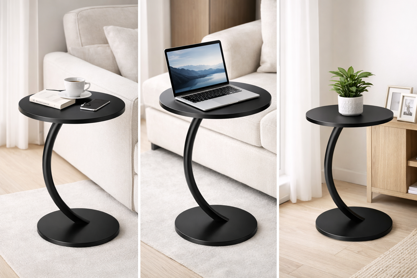 Tavolino Laterale Moderno Curvo, Tavolino Rotondo da Divano Salotto, Tavolo Compatto per Laptop, Caffè e Decorazioni, Design Minimal Salvaspazio, Nero 38x40x62 cm