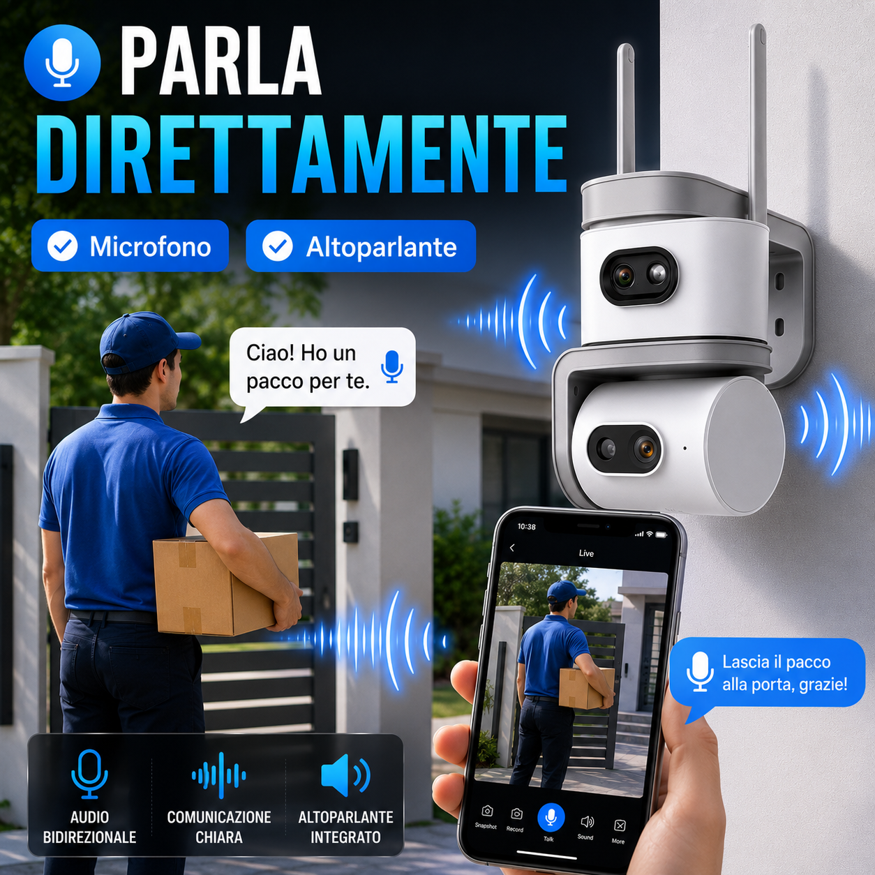 Telecamera WiFi Esterno Dual Lens, Telecamera di Sorveglianza 355° PTZ con Visione Notturna a Colori, Rilevamento Movimento, Audio Bidirezionale, WiFi 2.4 GHz, Controllo da App per Casa, Garage e Negozio
