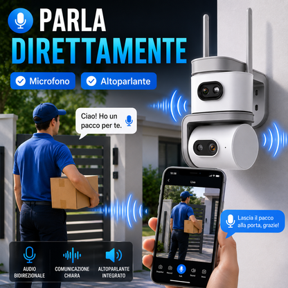 Telecamera WiFi Esterno Dual Lens, Telecamera di Sorveglianza 355° PTZ con Visione Notturna a Colori, Rilevamento Movimento, Audio Bidirezionale, WiFi 2.4 GHz, Controllo da App per Casa, Garage e Negozio