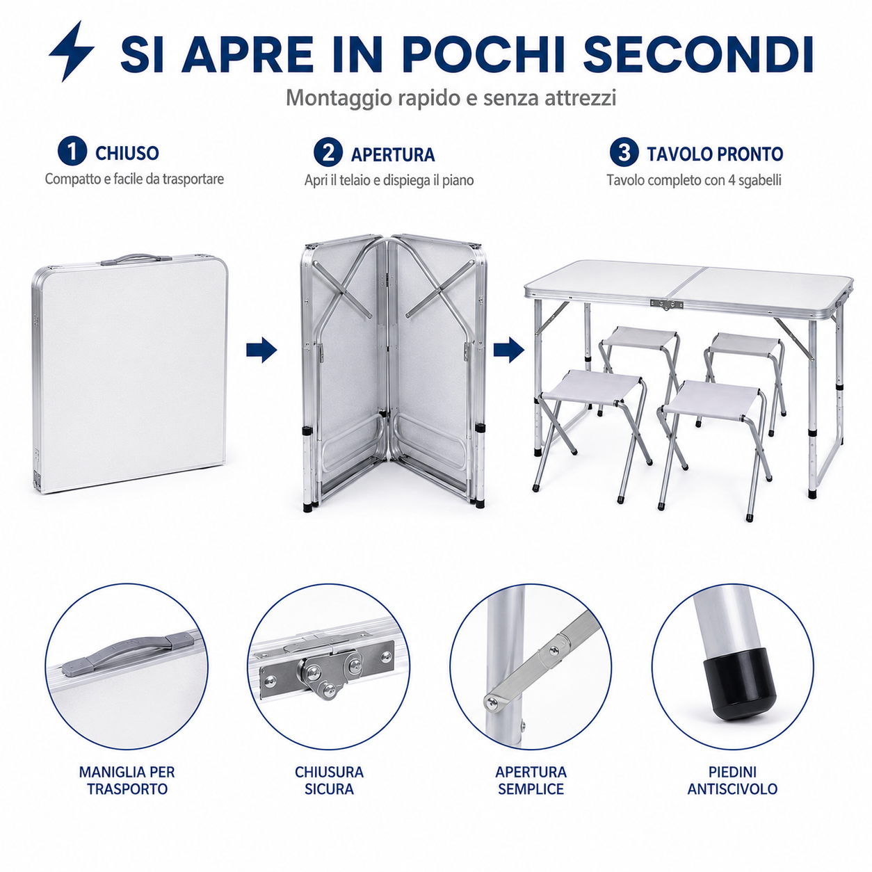 Tavolo Pieghevole da Campeggio con 4 Sgabelli Inclusi, Tavolo Picnic Portatile Richiudibile con Altezza Regolabile 55/62/70 cm, Tavolo da Giardino Campeggio Pesca BBQ Escursioni 120x60 cm