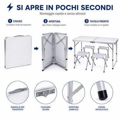 Tavolo Pieghevole da Campeggio con 4 Sgabelli Inclusi, Tavolo Picnic Portatile Richiudibile con Altezza Regolabile 55/62/70 cm, Tavolo da Giardino Campeggio Pesca BBQ Escursioni 120x60 cm