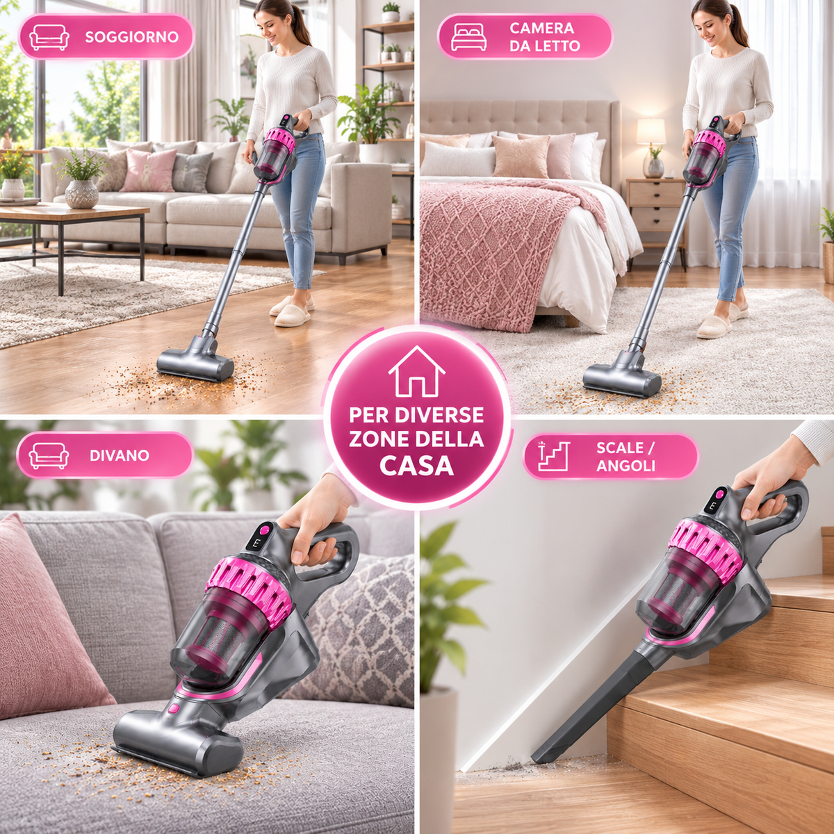 Aspirapolvere 2 in 1 Scopa Elettrica e Aspirapolvere Portatile, Design Compatto, Contenitore Polvere Trasparente, Impugnatura Pratica, per Pavimenti, Tappeti, Divano e Pulizia della Casa, Grigio/Rosa