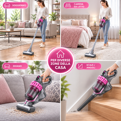 Aspirapolvere 2 in 1 Scopa Elettrica e Aspirapolvere Portatile, Design Compatto, Contenitore Polvere Trasparente, Impugnatura Pratica, per Pavimenti, Tappeti, Divano e Pulizia della Casa, Grigio/Rosa