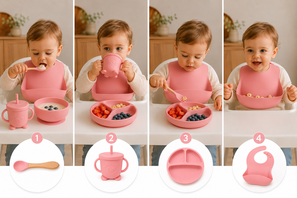 Set Pappa Svezzamento Neonati in Silicone Rosa, Kit Pappa Bambini con Piatto Ventosa, Ciotola, Bavaglino, Bicchiere, Tazza con Cannuccia e Posate, Set Alimentazione Baby Food Grade BPA Free