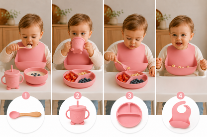 Set Pappa Svezzamento Neonati in Silicone Rosa, Kit Pappa Bambini con Piatto Ventosa, Ciotola, Bavaglino, Bicchiere, Tazza con Cannuccia e Posate, Set Alimentazione Baby Food Grade BPA Free