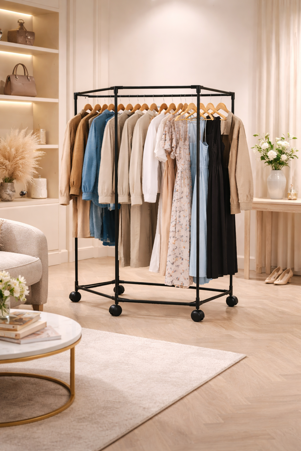 Appendiabiti con Ruote 120x70x36 cm – Stand Appendiabiti Esagonale Salvaspazio in Metallo – Armadio Aperto Mobile con 4 Ruote per Camera, Ingresso, Negozio, Appartamento
