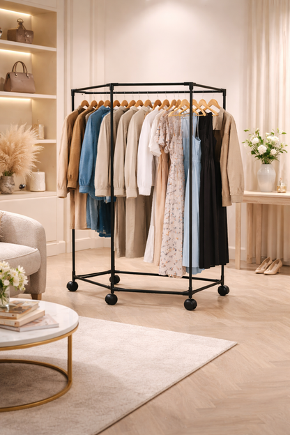Appendiabiti con Ruote 120x70x36 cm – Stand Appendiabiti Esagonale Salvaspazio in Metallo – Armadio Aperto Mobile con 4 Ruote per Camera, Ingresso, Negozio, Appartamento