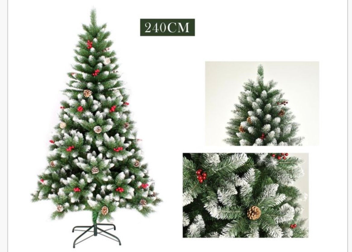Albero di Natale Artificiale Flocked 120cm, Effetto Neve, Pigne e Bacche Rosse, Base Inclusa