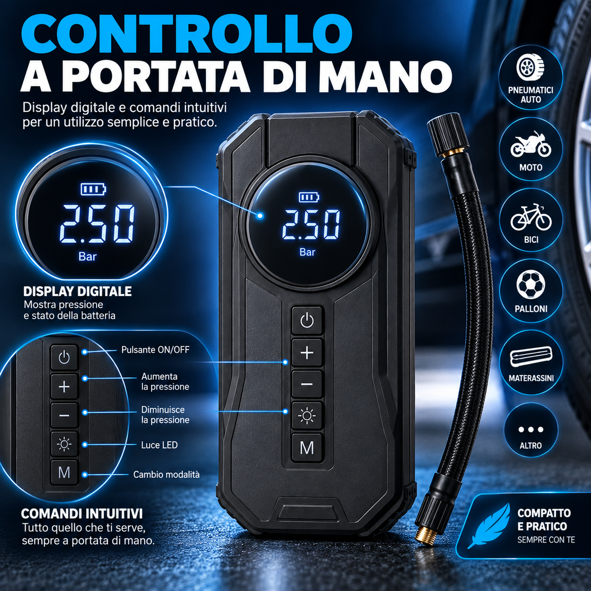 BDIT Accessori Compressore Portatile Multifunzione con Display Digitale, Gonfiatore Pneumatici Auto con Tubo e Adattatori, Cavi con Pinze, Cavo USB e Custodia, Kit Compatto per Auto e Viaggio