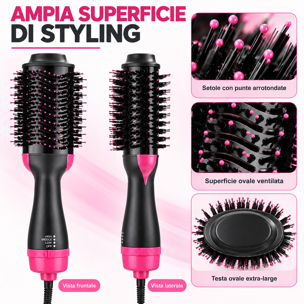 BDIT Accessori Spazzola ad Aria Calda per Capelli, Spazzola Asciugacapelli e Styler One Step, Testa Ovale con Setole, Impugnatura Ergonomica e Livelli Regolabili, Nero e Rosa