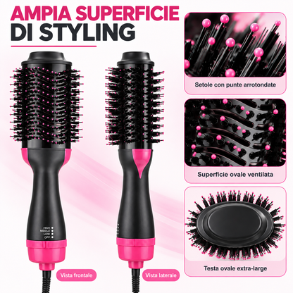 BDIT Accessori Spazzola ad Aria Calda per Capelli, Spazzola Asciugacapelli e Styler One Step, Testa Ovale con Setole, Impugnatura Ergonomica e Livelli Regolabili, Nero e Rosa