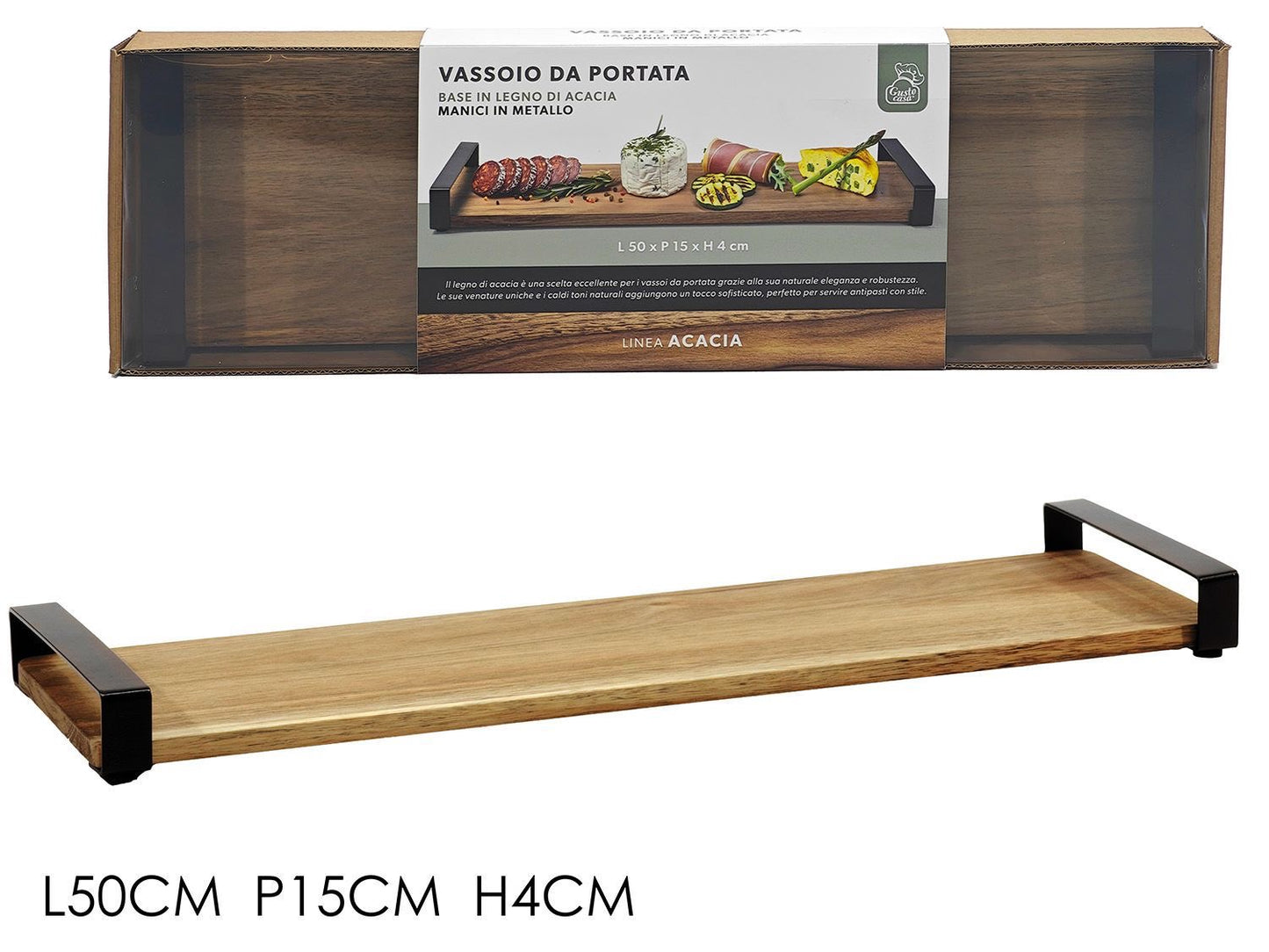 Vassoio da Portata in Legno di Acacia con Manici in Metallo – Elegante Vassoio Antipasti e Servizio