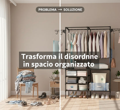 Scaffale Appendiabiti Multifunzionale in Metallo 108x36x170 cm – Armadio Aperto con Doppia Barra, Ripiani Portaoggetti, Ganci Laterali e Porta Scarpe – Organizer Salvaspazio per Camera, Ingresso, Cabina Armadio