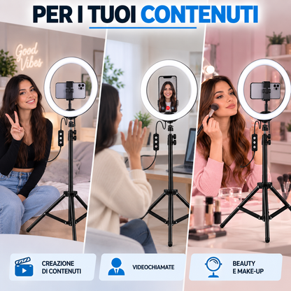 BDIT Accessori Ring Light con Treppiede Regolabile e Supporto Smartphone, Luce ad Anello LED con Comando sul Cavo, Supporto per Telefono per Foto, Video, Makeup, Streaming e Videochiamate