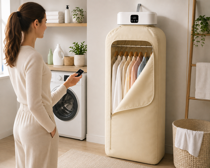 Asciugabiancheria Portatile per Vestiti con Telecomando e Display Digitale, Armadio Asciugatore Verticale con Copertura in Tessuto e Sistema Appendibiti, Design Compatto Salvaspazio per Casa e Lavanderia