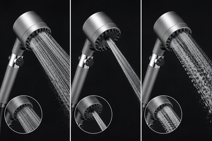 Soffione Doccia Alta Pressione con Pulsante Stop, Doccetta Multigetto 3 Modalità, Soffione Doccia con Ventola a Spirale e Filtro Integrato, Ugelli Anticalcare, Risparmio Idrico, Attacco Universale G1/2”