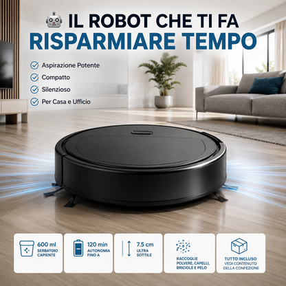 Robot Aspirapolvere Automatico per Casa e Ufficio, Aspirazione Potente, Compatto e Silenzioso, Pulizia di Polvere, Capelli e Briciole, Ideale per Pavimenti e Tappeti Sottili