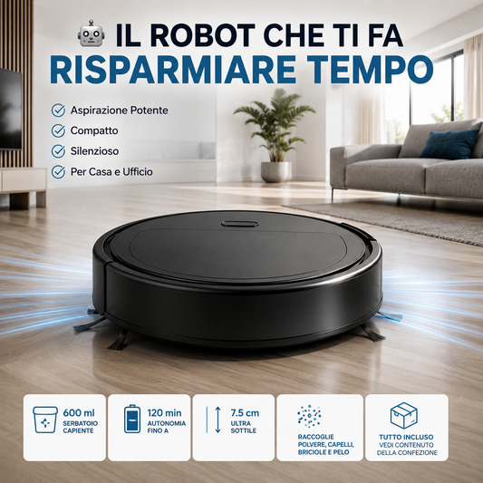 Robot Aspirapolvere Automatico per Casa e Ufficio, Aspirazione Potente, Compatto e Silenzioso, Pulizia di Polvere, Capelli e Briciole, Ideale per Pavimenti e Tappeti Sottili