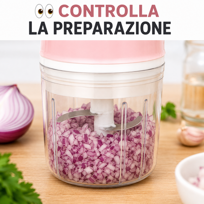 Tritatutto Elettrico Compatto da Cucina, Mini Tritatutto con Contenitore Trasparente e Lame, Chopper per Verdure, Cipolla, Aglio, Erbe Aromatiche e Frutta Secca, Rosa