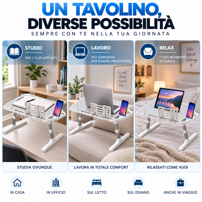 BDIT Accessori Tavolino Pieghevole per Laptop, Tavolino da Letto Regolabile con Piano Inclinabile 0-36°, Supporto Smartphone e Ferma Oggetti, per Studio, Lavoro, Divano e Letto, 56x31x17 cm, Bianco