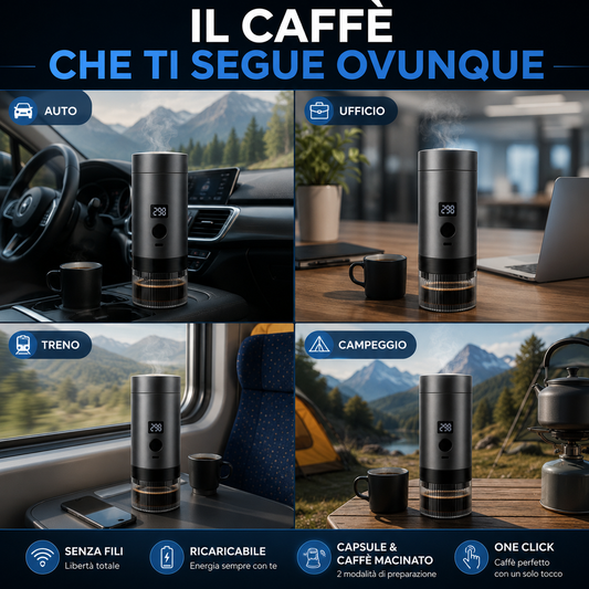 Caffettiera Elettrica Portatile Wireless con Display Digitale, Compatibile con Capsule e Caffè Macinato, Macchina da Caffè Espresso Ricaricabile USB-C, One Click, Ideale per Viaggi, Auto, Ufficio e Campeggio