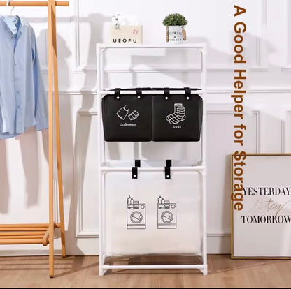 Carrello Portabiancheria Salvaspazio su Ruote - Organizer Lavanderia a 3 Livelli con Ceste Separatori