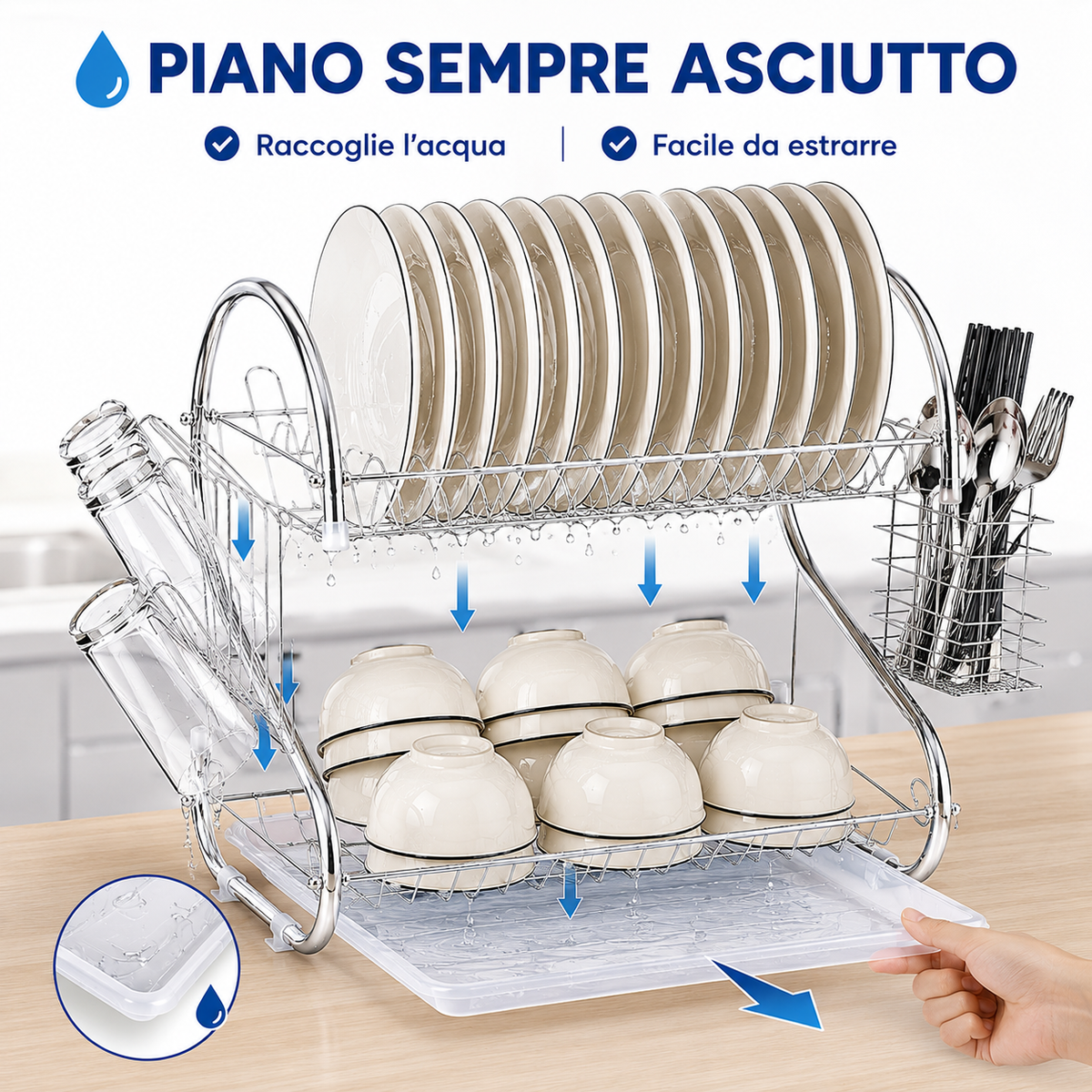 Scolapiatti da Cucina 2 Livelli 40 cm, Scolapiatti in Acciaio Cromato con Vaschetta Raccogligocce, Portaposate, Porta Bicchieri e Ganci Porta Tazze, Sgocciolatoio Salvaspazio per Piano Cucina